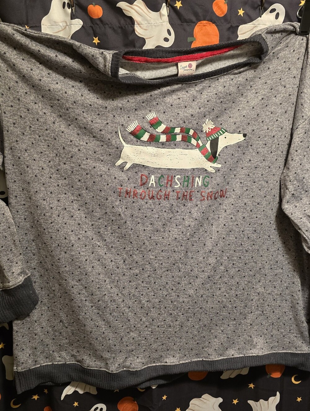 Secret Treasures Grey Dachshund Holiday Pajama Top with Red & Green Accents